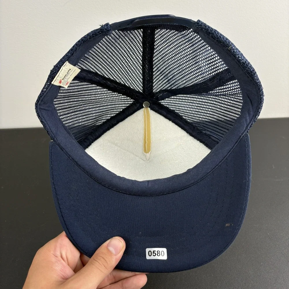 Vintage 80s Youth Blank Foam Trucker Hat Navy Blue White Mesh Snapback Cap